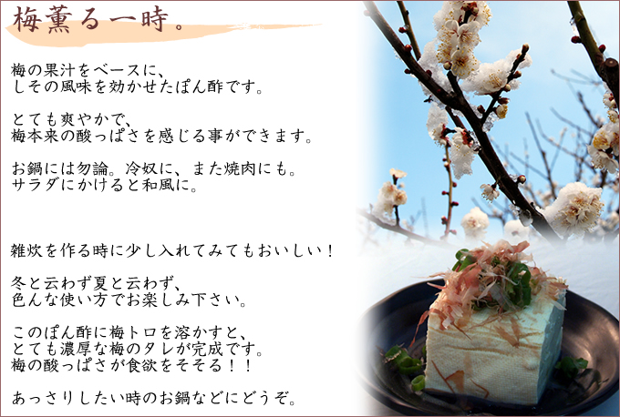 梅の果汁をベースに、しその風味を効かせたぽん酢です。とても爽やかで、梅本来の酢っぱさnを感じる事が出来ます。お鍋には勿論、冷奴に、また焼肉にも。サラダにかけると和風に。ぞうすいを作る時に少し入れてみてもおいしい!