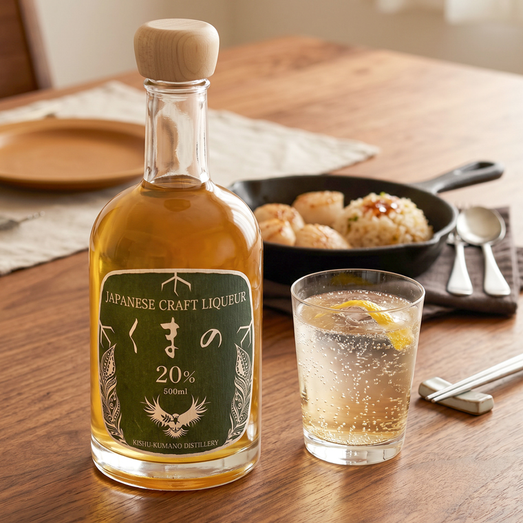 CRAFT LIQUEUR くまのを炭酸割りで食事と一緒に楽しむシーン