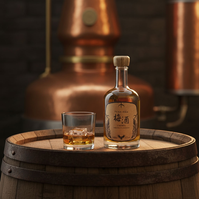 銅製ポットスチルを背景に樽の上で佇むウイスキー仕込みの梅酒。ロックグラスとともに香りの世界観が伝わるシーン。