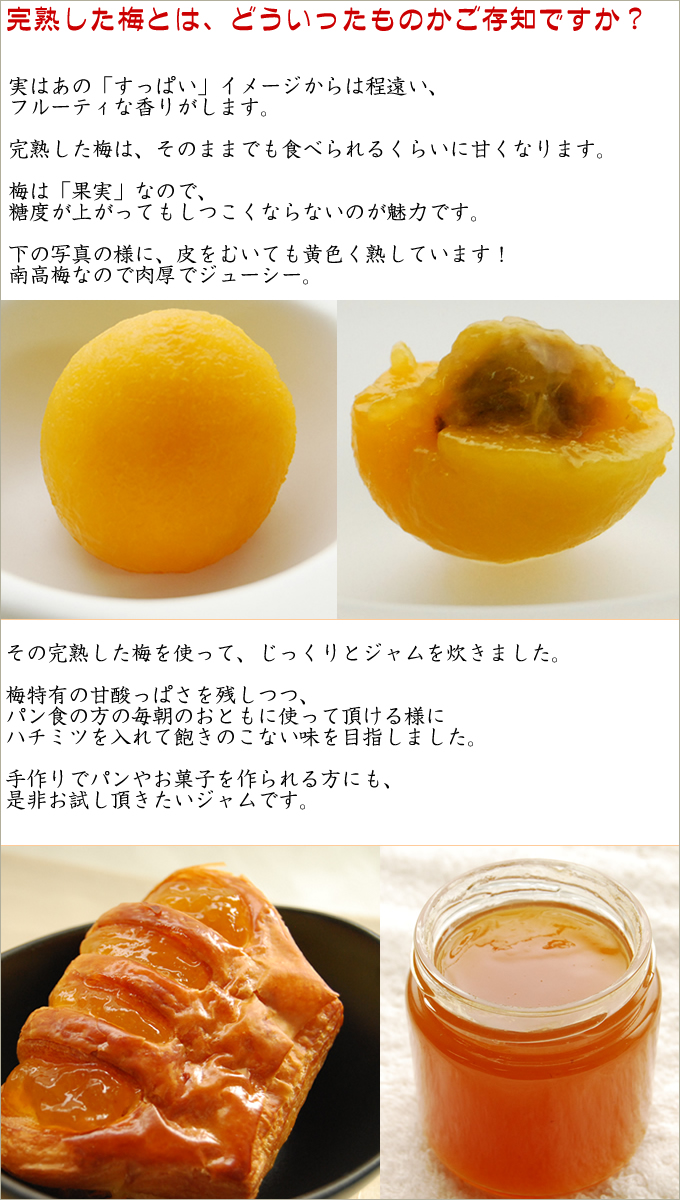 完熟した梅は、「すっぱい」イメージから程遠くフルーティな香りがします。その完熟梅を使ってジャムを炊きました。