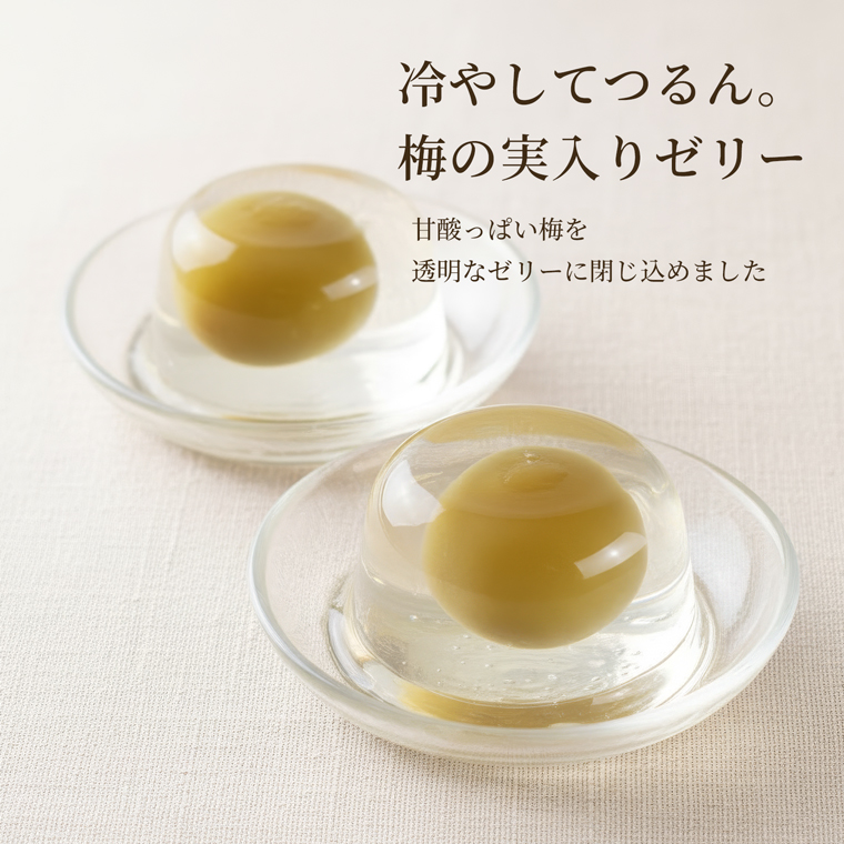 冷やして楽しむまるごと梅の実入りゼリー。透明なゼリーに甘酸っぱい梅を閉じ込めた盛り付けイメージ