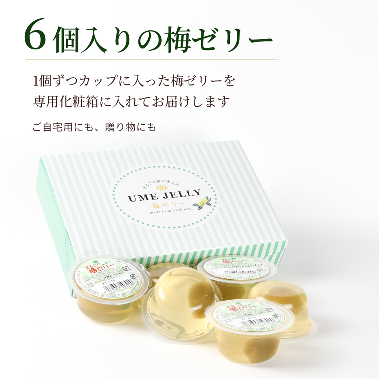 まるごと梅の実入りゼリー6個入り。個包装の梅ゼリーを専用化粧箱に入れてお届けする商品内容